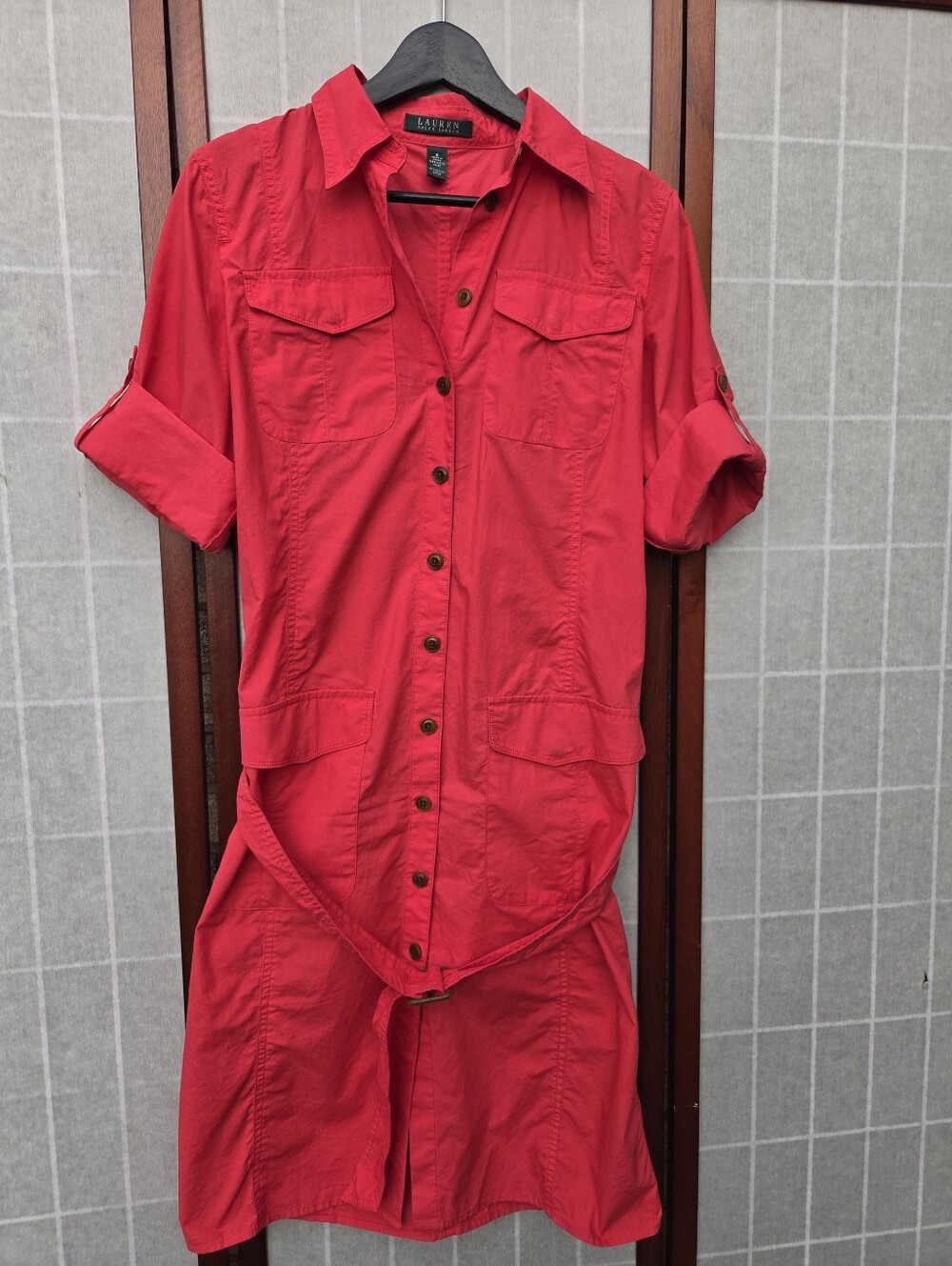 Lauren Ralph Lauren Red Safari Shirtdress Preppy Coastal Prep Utility Belted 8